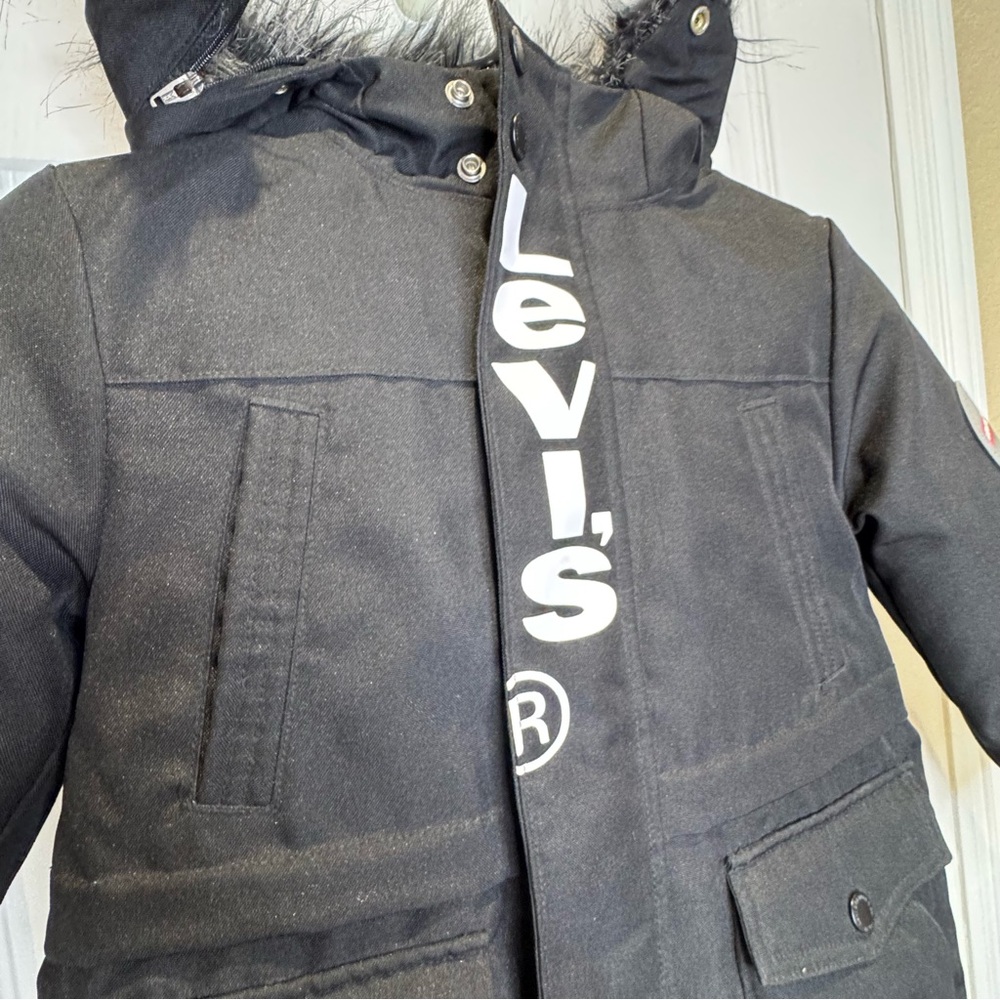 Levi's Kid's XS 4 Black Winter Heavy Parka Down Jacket Coat Plaid Lined - Picture 4 of 10